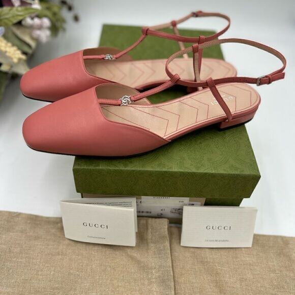 Women’s Gucci T strap, pink, leather GG ballet flats size 41 made in Italy - Picture 1 of 9